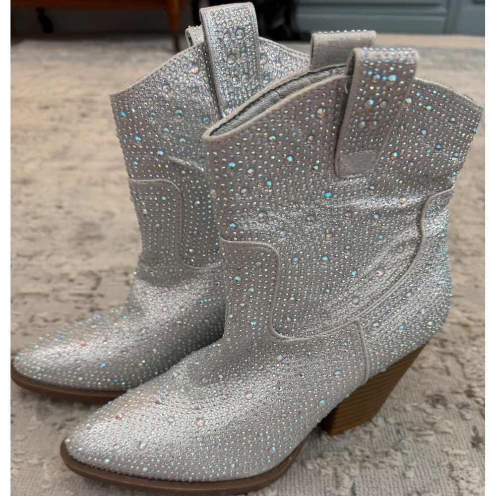 Silver Rhinestone Western Ankle Boots Pointed Toe Block Heel River-01 Size 5.5